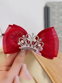 1pc Girls Rhinestone Crown & Bow Decor Fashion Alligator Hair Clip For Party - Red - View 2