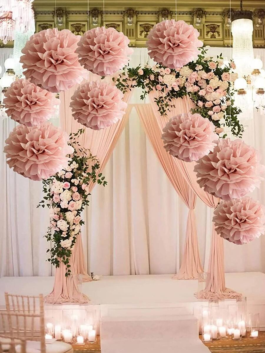 9pcs Paper Pom Poms, White Tissue Paper Flowers, Fluffy Hanging Decor, Suitable For Scene Decoration, Home Decor, Room Decor, Birthday Party, Wedding Favors, Business Graduation Gifts, Back To School, Valentine's Day And More Occasions - Dusty Pink - View 1