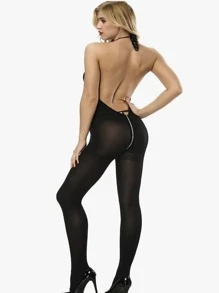 Bodystocking de Malla Lisa Halter Escote Profundo V Abierto con Cierre - Negro - Ver 3