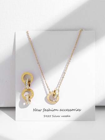 女士不锈钢防水不褪色金色水钻罗马数字项链耳环套装