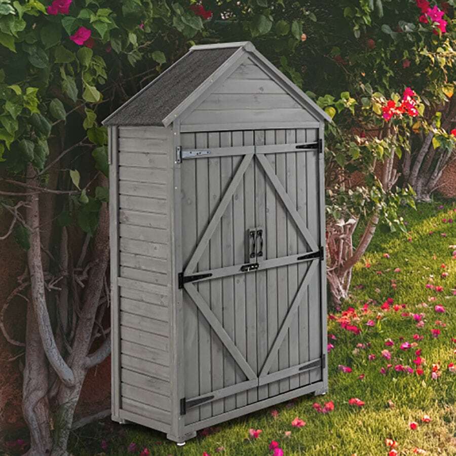 Outdoor storage cabinets, garden wooden tool sheds, outdoor wooden shed cabinets with shelves and latches in the yard - 灰色 - 查看 1