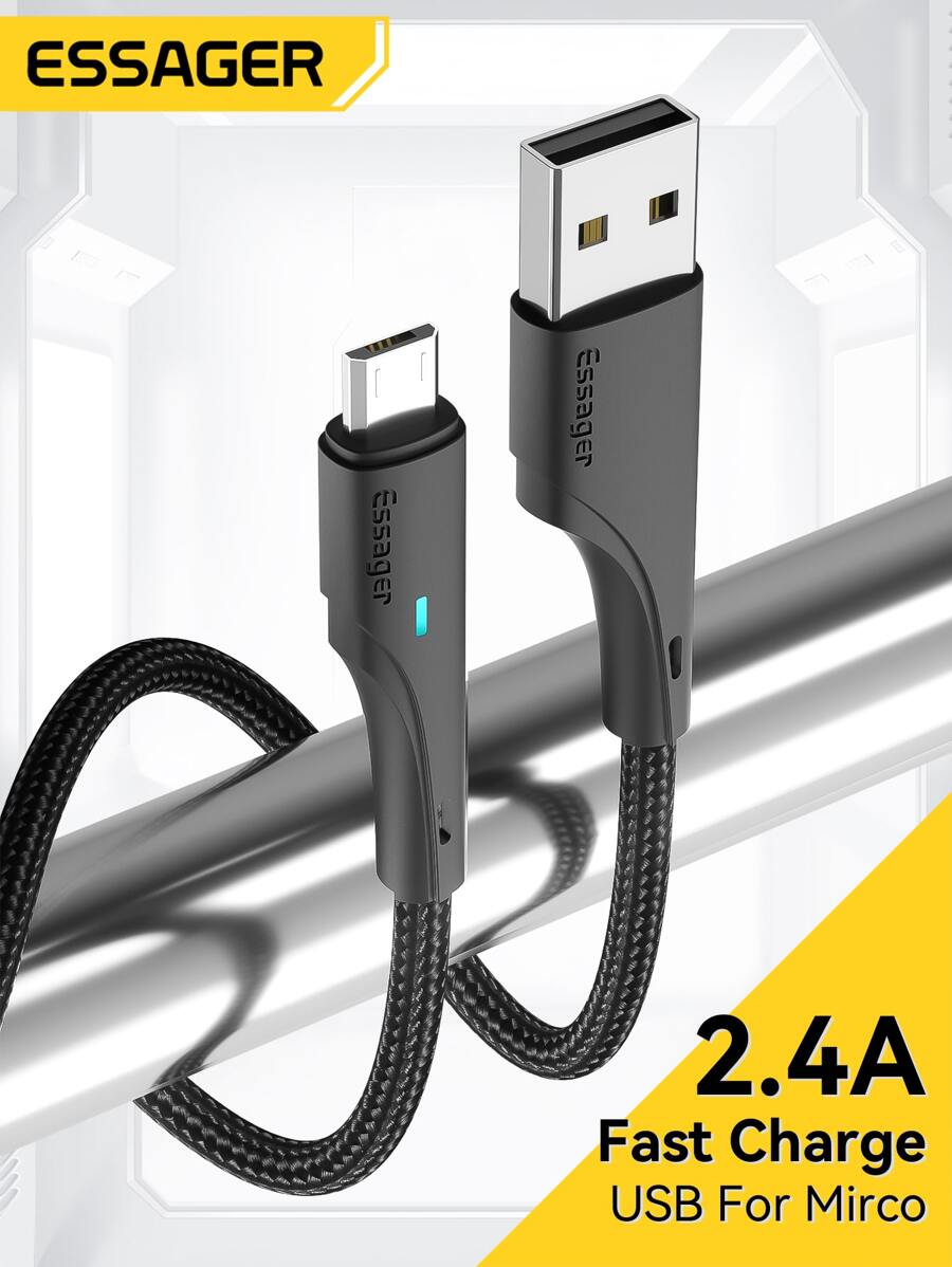 Essager Micro USB 数据线 2.4A 快速充电数据线适用于 OnePlus 和 Android 智能手机兼容三星 Galaxy S7/HTC 兼容 Android、Kindle、兼容 、相机、MP3 Micro-USB Nan - 黑色 - 查看 1