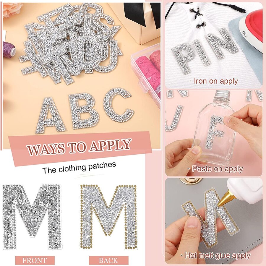 26pcs Silver 26 Alphabet Rhinestone Ironon Patches, AZ White Pearl