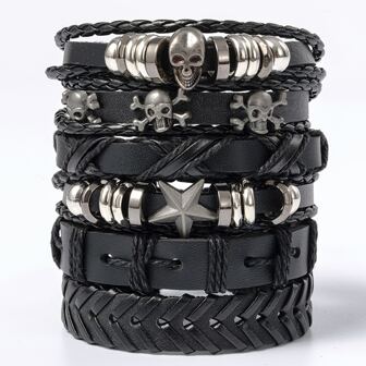 6pcs/set Black Punk Skull & Star Shaped Alloy & Pu Leather Bracelet