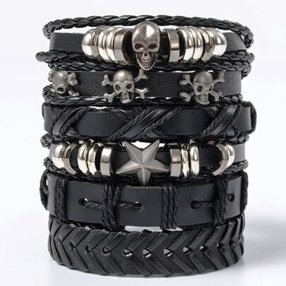 6pcs/set Black Punk Skull & Star Shaped Alloy & Pu Leather Bracelet