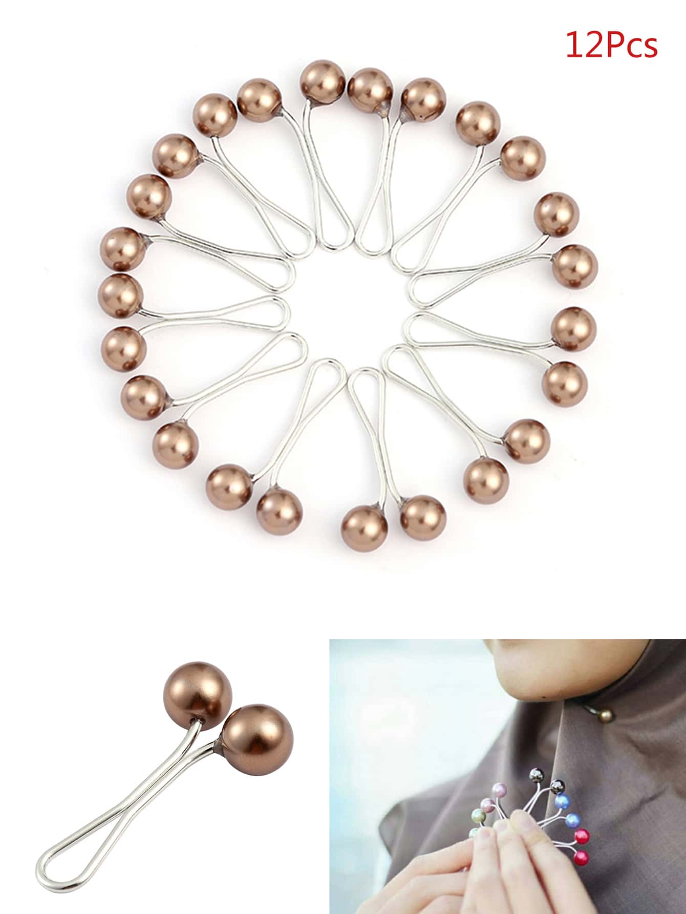 QIHOO Set de 12 piezas de Clips de corbata de perlas falsas - Caqui - Ver 1