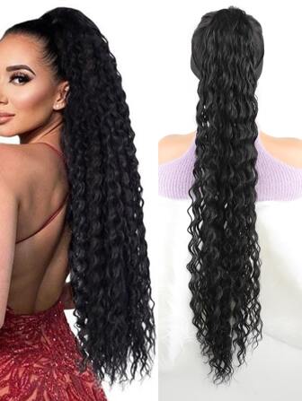 波浪捲卷馬尾掛片,夾式合成抽繩馬尾假髮,非洲捲馬尾女士假髮