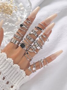 27件套几何镂空蛇形蝴蝶心形镶嵌水钻个性化轻奢华丽风女士戒指套装，情人节、妈妈、母亲节礼物 - 銀色 - 查看 2