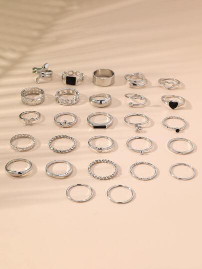 27件套几何镂空蛇形蝴蝶心形镶嵌水钻个性化轻奢华丽风女士戒指套装，情人节、妈妈、母亲节礼物