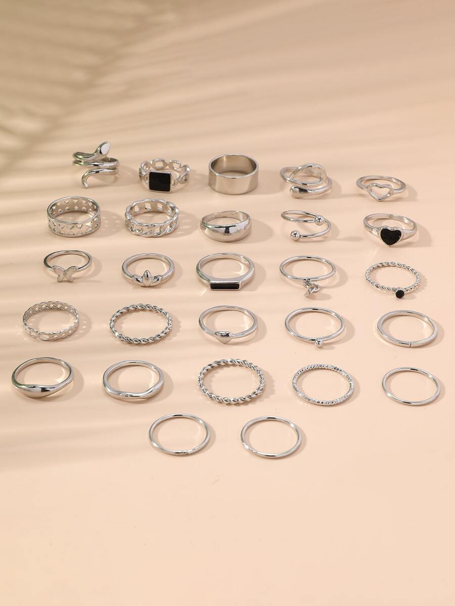 27件套几何镂空蛇形蝴蝶心形镶嵌水钻个性化轻奢华丽风女士戒指套装，情人节、妈妈、母亲节礼物 - 銀色 - 查看 1