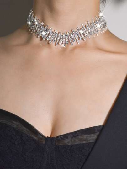 1pc Fashionable & Sparkling Bridal Full Cubic Zirconia Geometry Style Choker Necklace