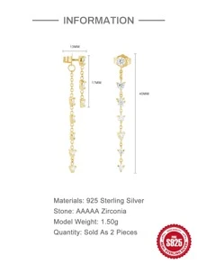 1pair Cubic Zirconia Tassel S925 Sterling Silver Threader Earrings Women Fashionable Fine Dangle Earrings - Yellow Gold - View 5