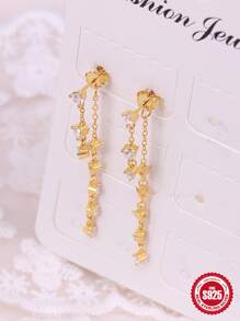 1pair Cubic Zirconia Tassel S925 Sterling Silver Threader Earrings Women Fashionable Fine Dangle Earrings - Yellow Gold - View 3