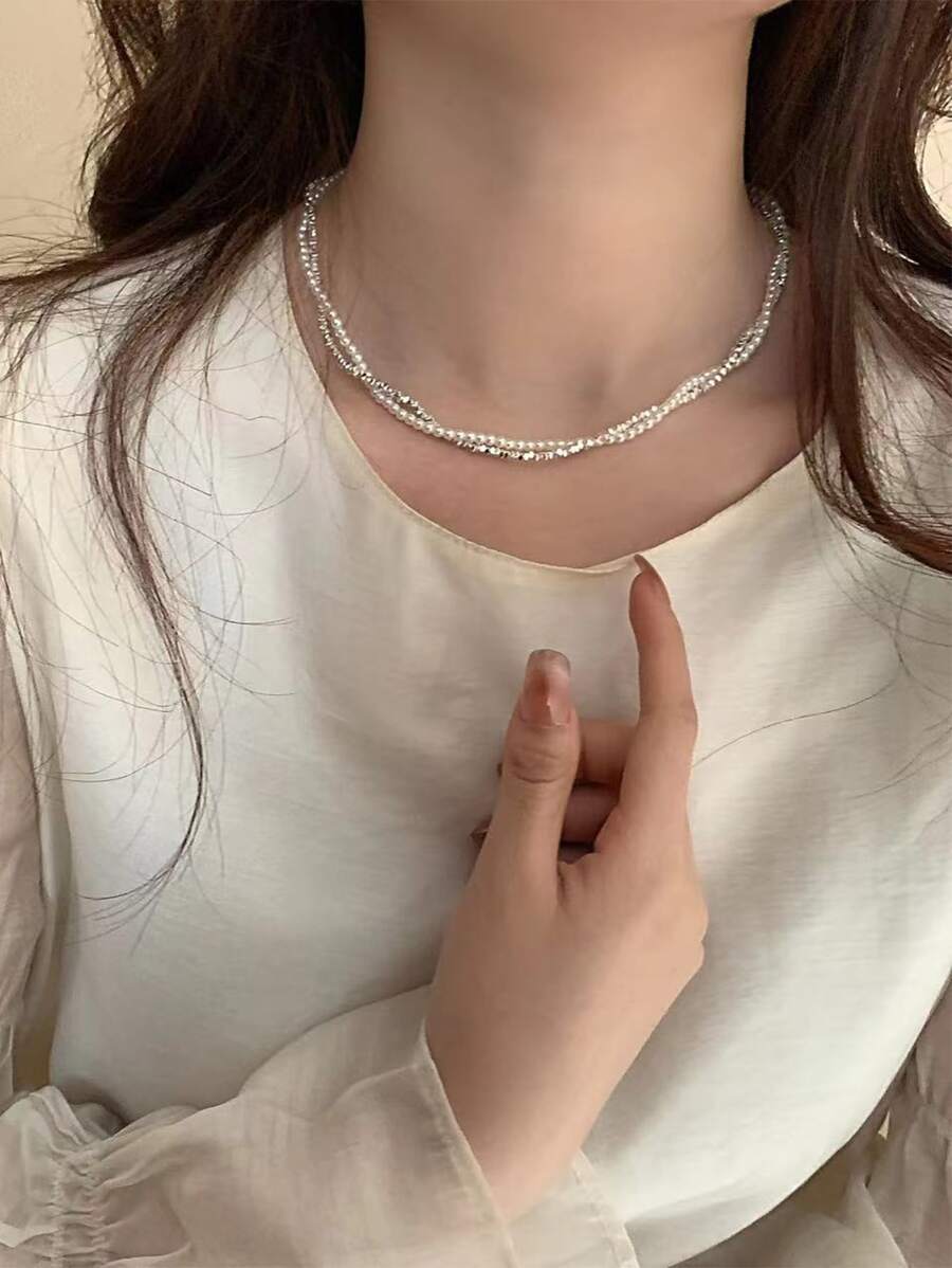 1件双层碎银仿珍珠缠绕项链，女士小众复古个性百搭优雅项链，锁骨链，派对佩戴 - 白色 - 查看 1