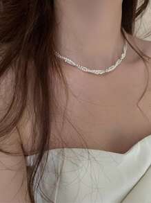 1件双层碎银仿珍珠缠绕项链，女士小众复古个性百搭优雅项链，锁骨链，派对佩戴 - 白色 - 查看 3
