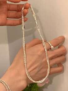 1件双层碎银仿珍珠缠绕项链，女士小众复古个性百搭优雅项链，锁骨链，派对佩戴 - 白色 - 查看 4