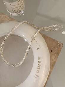 1件双层碎银仿珍珠缠绕项链，女士小众复古个性百搭优雅项链，锁骨链，派对佩戴 - 白色 - 查看 5
