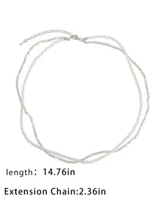 1件双层碎银仿珍珠缠绕项链，女士小众复古个性百搭优雅项链，锁骨链，派对佩戴 - 白色 - 查看 9