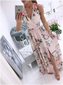 Vestido De Fiesta Largo De Gasa Con Abertura En La Playa - Rosa - Ver 1