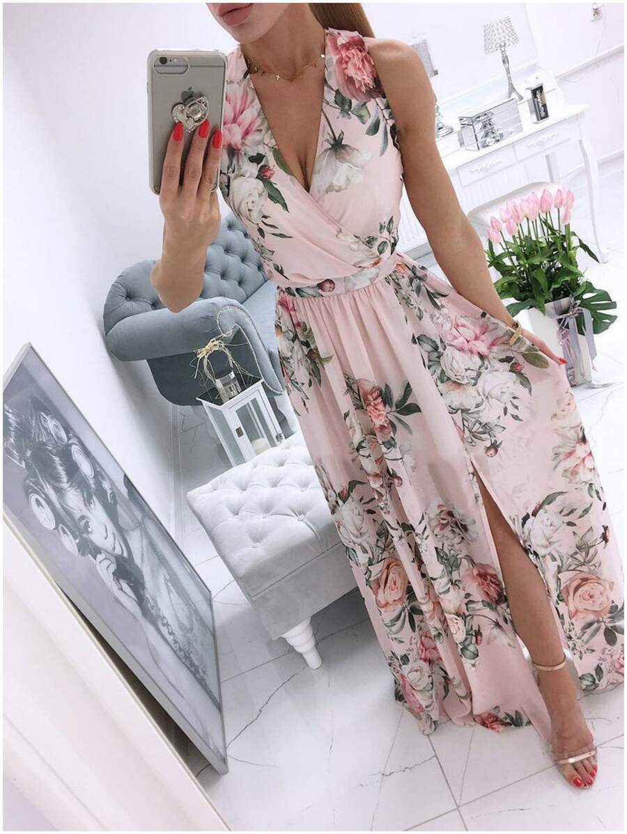 Vestido De Fiesta Largo De Gasa Con Abertura En La Playa - Rosa - Ver 1