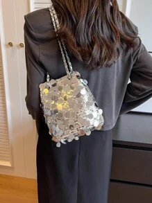 Túi xách thời trang trang trí lấp lánh nhỏ với dây chuyền kim loại - Bạc - Xem 2