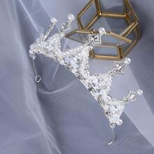 Chicas Diadema con diseño de diamante de imitación y perla artificial con diseño de corona para fiesta - Plateado - Ver 2