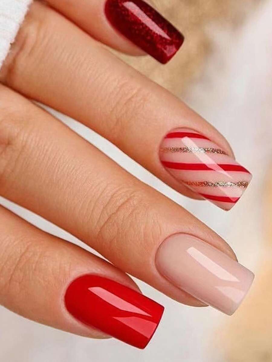 升級您的美甲風格 - 24 件法式聖誕純紅色全甲高光美甲美甲貼紙和 1 件指甲銼和 1 件果凍凝膠 - 彩色 - 查看 1