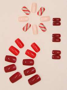 升級您的美甲風格 - 24 件法式聖誕純紅色全甲高光美甲美甲貼紙和 1 件指甲銼和 1 件果凍凝膠 - 彩色 - 查看 3