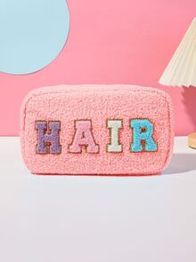 Fashionable Plush Alphabet Print Portable Makeup Bag Suitable For Travel - Pink - View 3