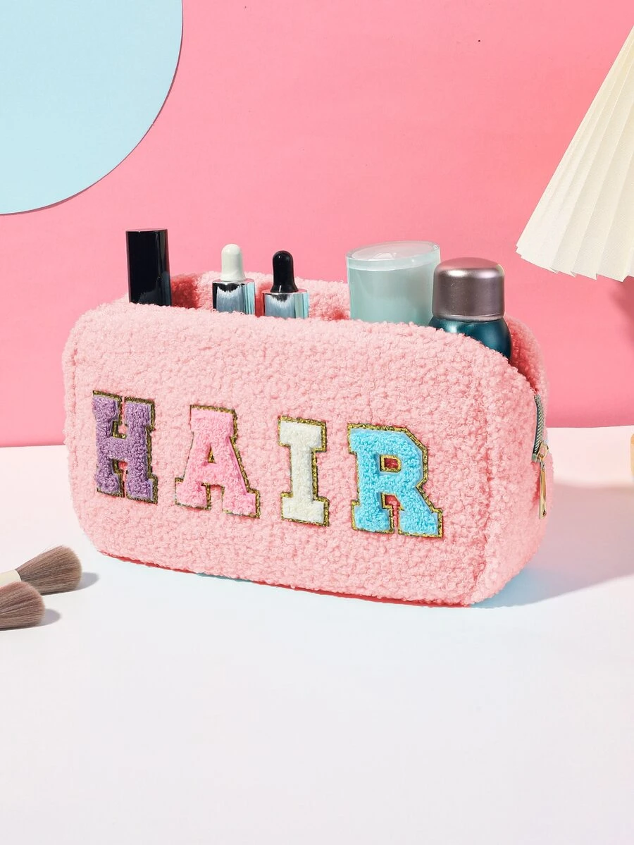 Fashionable Plush Alphabet Print Portable Makeup Bag Suitable For Travel - Pink - View 1