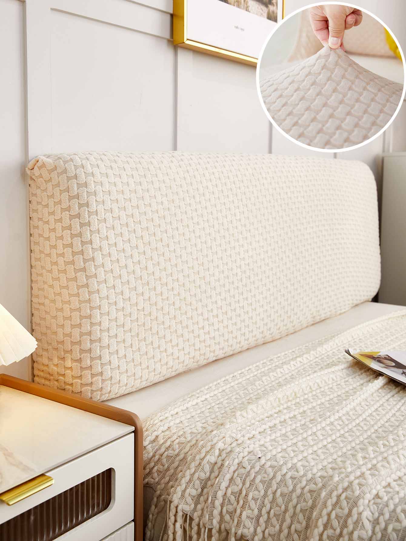 1入組全新加厚彈力天鵝絨防塵床頭保護套，彈力床頭板套 - 米色 - 查看 1
