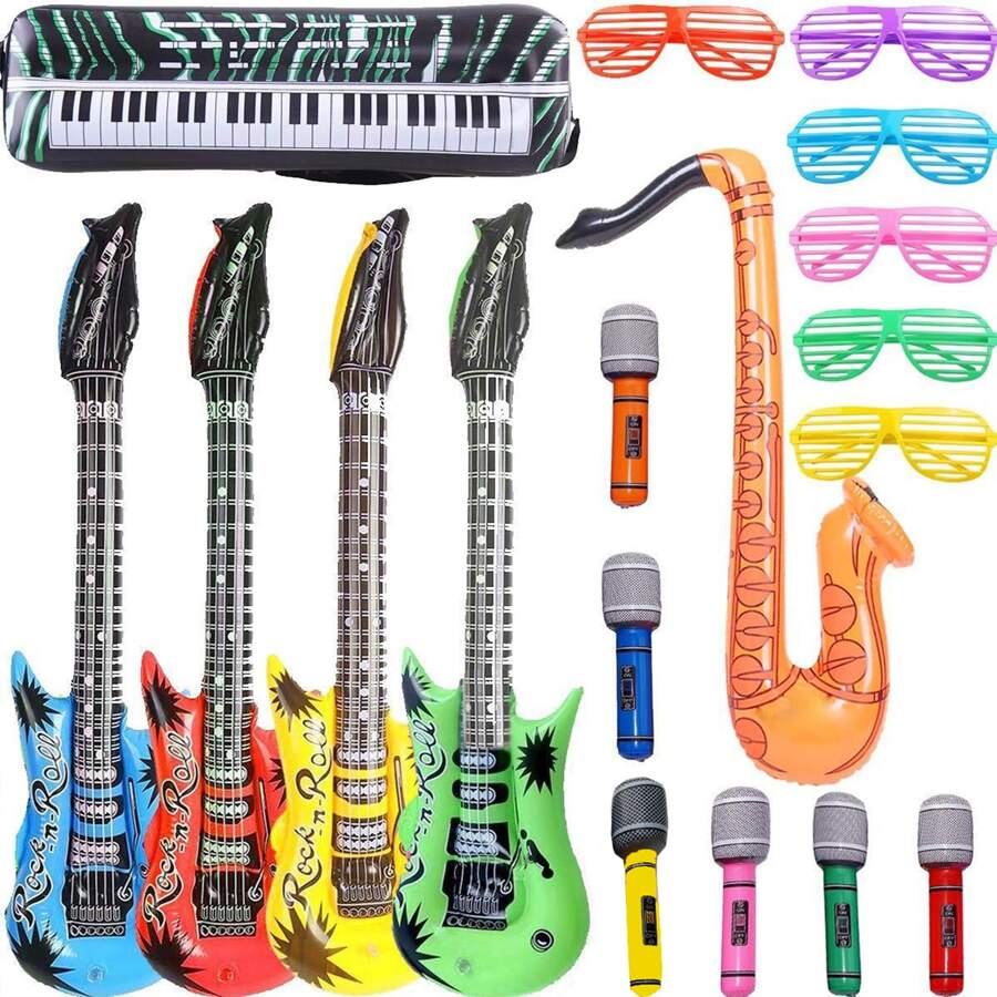 Atmosphere Manufacturing Inflatable Rock Star Toy Set, 18pcs Inflatable Party Props: 4 Inflatable Guitars, 6 Microphones, 6 Shutter Shading Glasses, 1 Saxophone, And 1 Inflatable Keyboard Piano, Random Colors - Multicolor - View 1