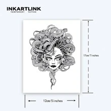 Inkartlink 1 件 12*17 公分美杜莎草藥汁紋身貼紙，魔法紋身，15 天紋身，半永久紋身，逼真假紋身，持久 1-2 週。 - 黑色 - 查看 4