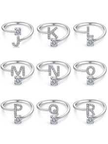 1 件時尚首字母字母 A-y 可調式戒指女士純銀吊飾精美珠寶生日禮物 - 銀色 - 查看 8