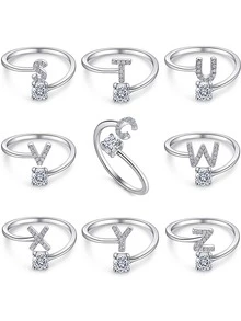 1 件時尚首字母字母 A-y 可調式戒指女士純銀吊飾精美珠寶生日禮物 - 銀色 - 查看 9