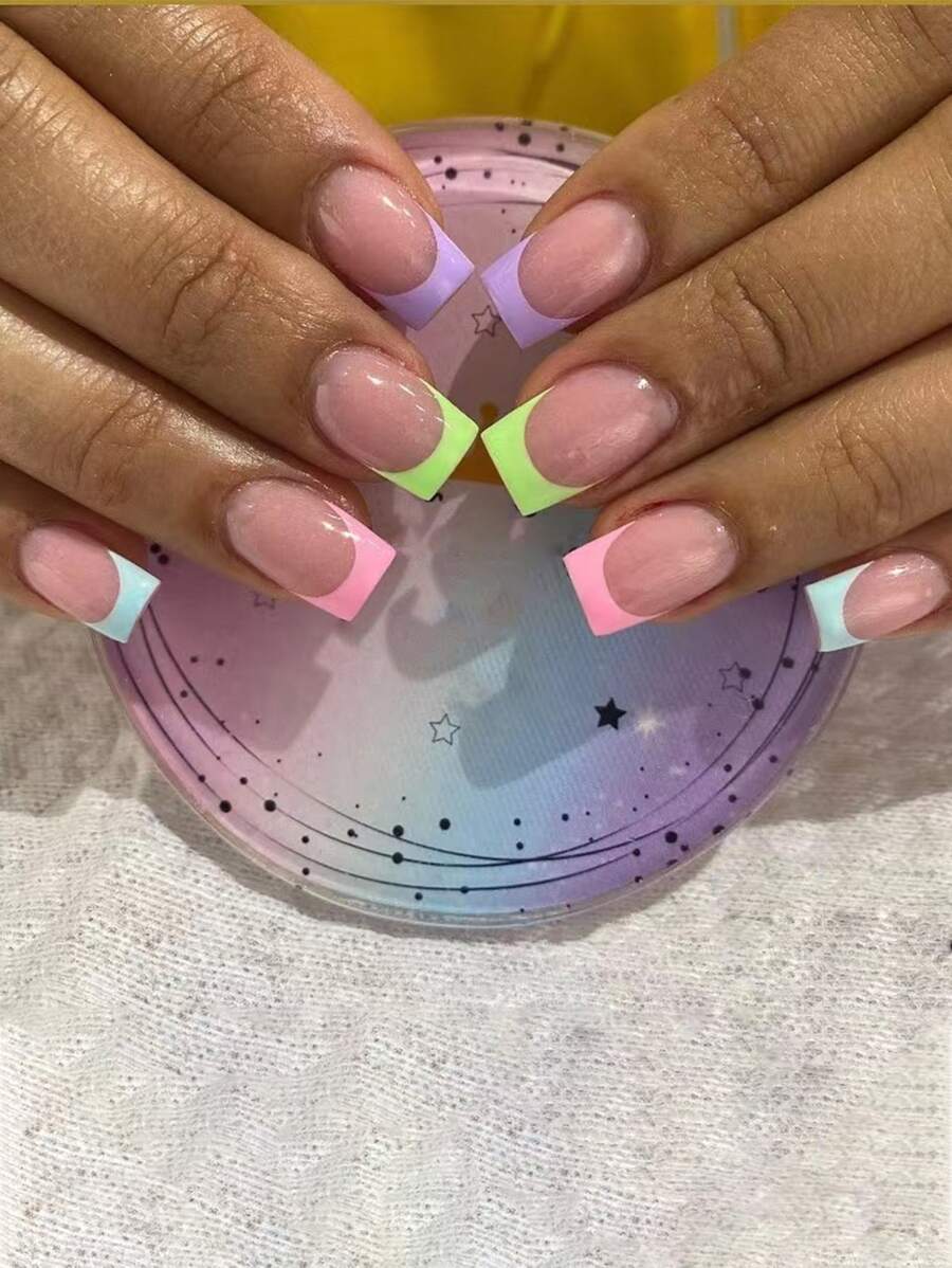 Nâng tầm phong cách của bạn với 24 chiếc Macaron Pháp Mẹo dài vuông hai tông màu Full Cover Bộ móng tay giả - Nhiều màu - Xem 1