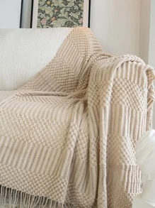 1pc Knitted Blanket For Bed Solid Color With Bubbles Made Of Wool Suitable For Air-Conditioned Room, Sofa, Bed, Nap And Office Use - Khaki - View 2