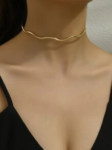 1pc Gold-colored Minimalist Wave Pattern Collar Necklace, Unisex Summer Necklace For Festive Parties And Events - Gold - View 2