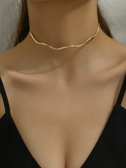 1pc Gold-colored Minimalist Wave Pattern Collar Necklace, Unisex Summer Necklace For Festive Parties And Events