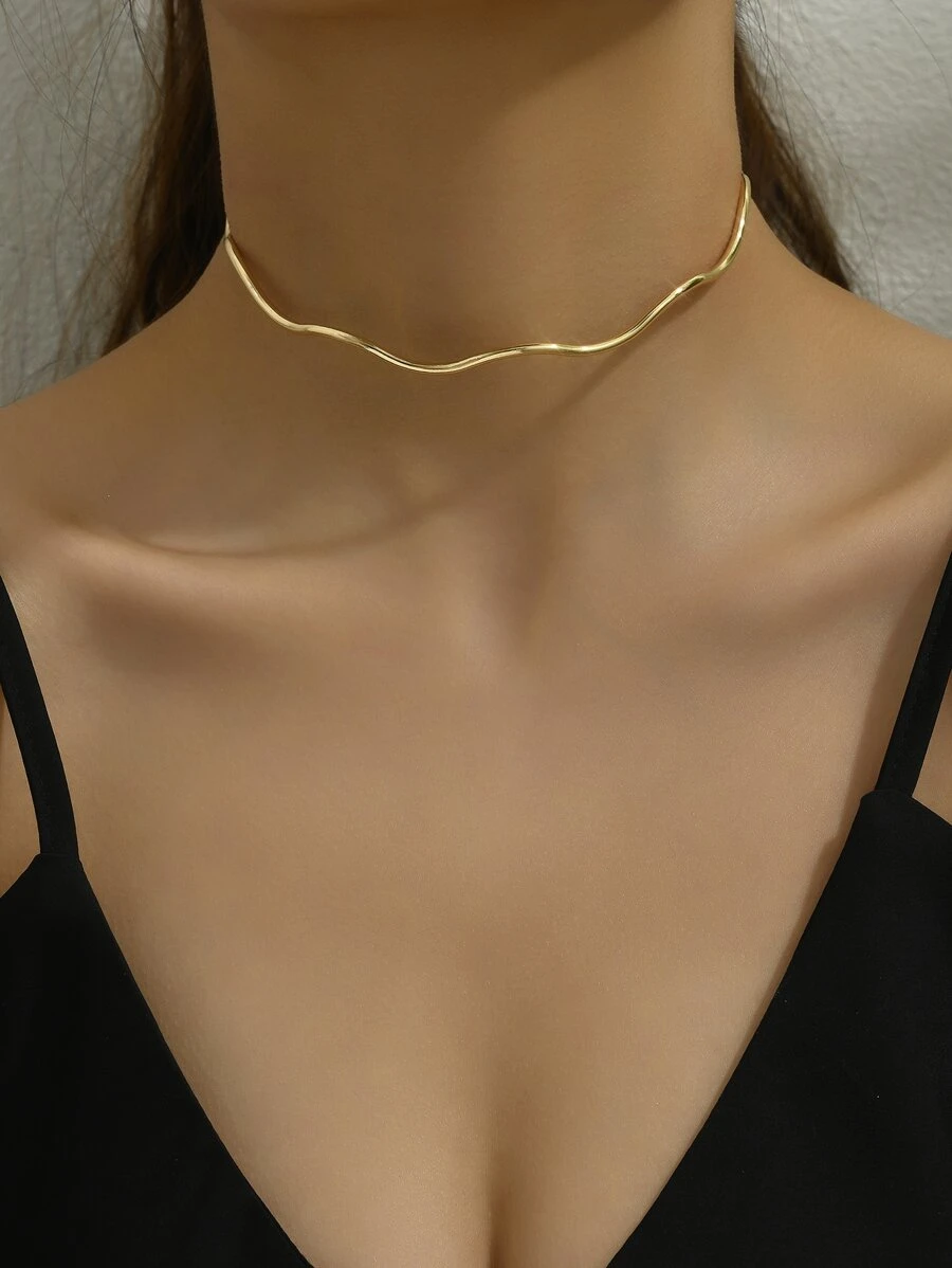 1pc Gold-colored Minimalist Wave Pattern Collar Necklace, Unisex Summer Necklace For Festive Parties And Events - Gold - View 1