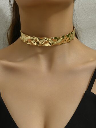 1入組極簡波浪樣式平滑金屬質感翻領項鍊,中性風格適用於情侶,夏日派對裝飾用品