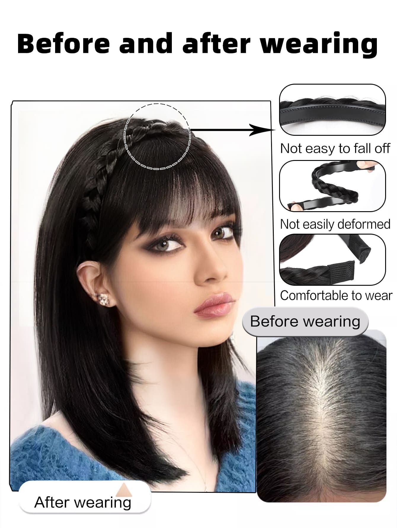 Synthetic hair topper Fake Hair Neat Fringe Bands with Braids Headband