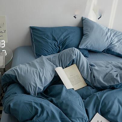 3入組藍色親膚被套套裝帶雙格子設計