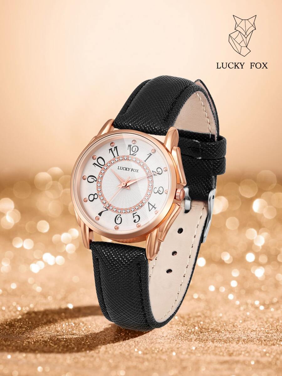 LUCKYFOX 1件裝盒青年學生小眾小巧水鑽復古圓盤休閒精緻PU皮革錶帶手錶,適合日常配戴,萬聖節與聖誕節禮物 - 黑色 - 查看 1