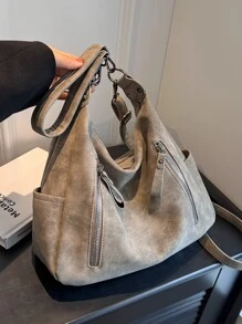 时尚女士手提包 2025 新款，小巧小巧的单肩包，大容量通勤休闲百搭简约时尚斜挎包，PU 纹理仿牛仔布设计纯色，舒适的面料手提包配有可拆卸肩带，多个拉链口袋，宽敞的设计，适合秋季 - 卡其色 - 查看 6