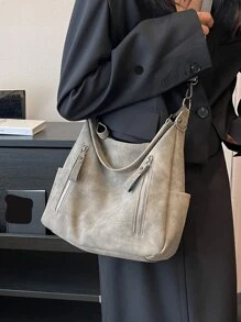 时尚女士手提包 2025 新款，小巧小巧的单肩包，大容量通勤休闲百搭简约时尚斜挎包，PU 纹理仿牛仔布设计纯色，舒适的面料手提包配有可拆卸肩带，多个拉链口袋，宽敞的设计，适合秋季 - 卡其色 - 查看 2