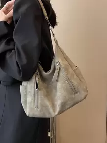 时尚女士手提包 2025 新款，小巧小巧的单肩包，大容量通勤休闲百搭简约时尚斜挎包，PU 纹理仿牛仔布设计纯色，舒适的面料手提包配有可拆卸肩带，多个拉链口袋，宽敞的设计，适合秋季 - 卡其色 - 查看 5