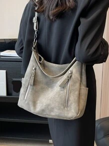 时尚女士手提包 2025 新款，小巧小巧的单肩包，大容量通勤休闲百搭简约时尚斜挎包，PU 纹理仿牛仔布设计纯色，舒适的面料手提包配有可拆卸肩带，多个拉链口袋，宽敞的设计，适合秋季 - 卡其色 - 查看 3