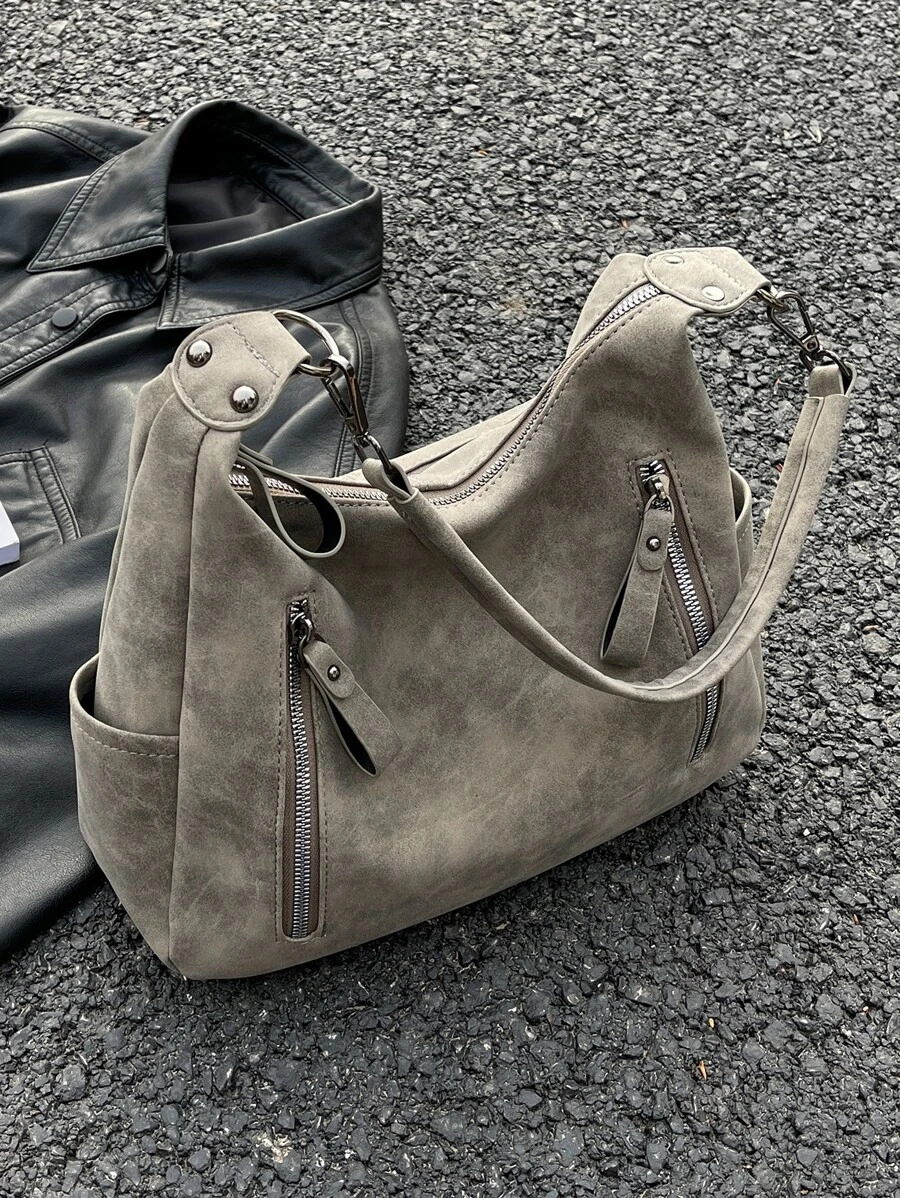 时尚女士手提包 2025 新款，小巧小巧的单肩包，大容量通勤休闲百搭简约时尚斜挎包，PU 纹理仿牛仔布设计纯色，舒适的面料手提包配有可拆卸肩带，多个拉链口袋，宽敞的设计，适合秋季 - 卡其色 - 查看 1