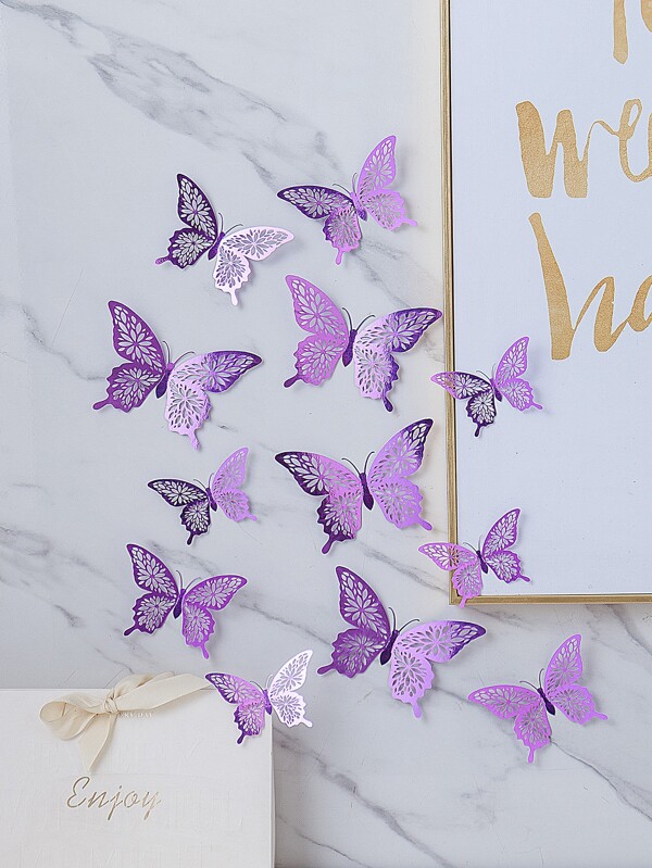 3d Hollow Out Purple Butterfly Sticker Decoration,Stickers,Wall Decal,Vinly Decal For Home Decorations,Spring Decoration Items Refesh Your Home,Rama Decoration Stickers Gifts Birthday Graduation